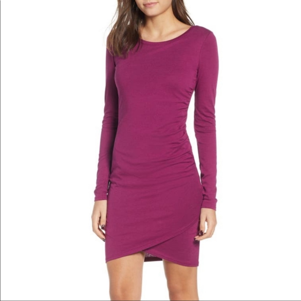 Leith Ruched Bodycon Dress Long Sleeve Magenta M